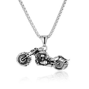 Retro punk motorcycle pendant necklace in blackened stainless steel on white background