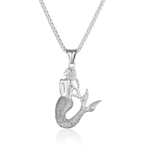 Detailed view of 3D mermaid pendant featuring intricate hair and scale textures on silver chain