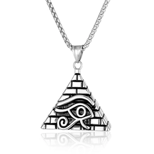 Detailed relief of Eye of Horus on a vintage silver pyramid pendant with box chain