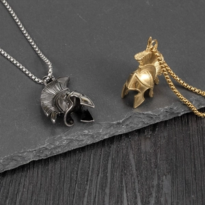 Vintage Spartan helmet pendant necklaces in gold and silver finish with square pearl chains