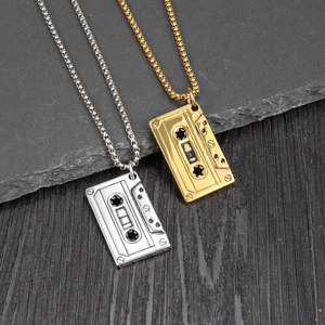 Vintage cassette tape pendant necklaces in gold and silver finishes with box chain