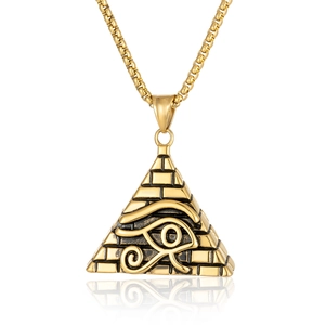 Vintage Egyptian Eye of Horus pyramid pendant necklace in polished gold finish