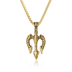 Vintage golden trident pendant necklace with engraved patterns on a sturdy box chain