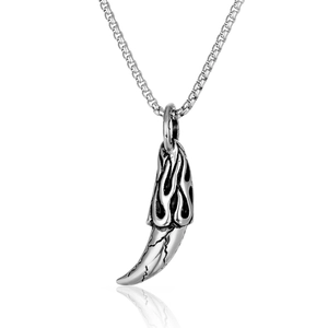 Vintage punk wolf fang pendant necklace with flame patterns in retro silver finish