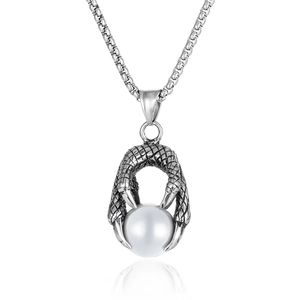 Pendentif griffe de dragon en acier pour homme avec perle blanche et chaîne argent
