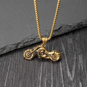 Vintage punk style motorcycle pendant necklace for men in polished gold finish
