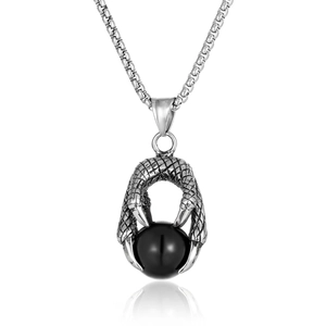 Collier pour homme avec pendentif griffe de dragon, perle noire et chaîne argentée