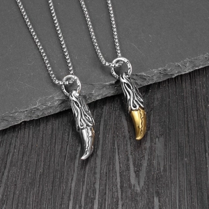 Punk wolf tooth pendant necklace in silver and gold steel for stylish men