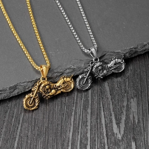 Men's punk motorcycle pendant necklaces in gold and silver finish with box chains