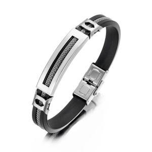 Vue détaillée du bracelet industriel en silicone noir avec maille en acier inoxydable