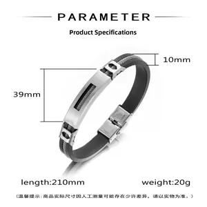 Macro detail of men's black silicone bracelet showing stainless steel chain texture and logo