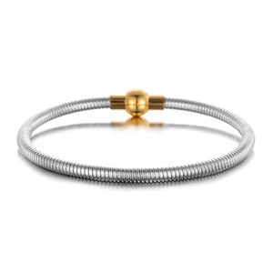 Detailed close-up of two-tone stainless steel snake chain bracelet with golden magnetic clasp