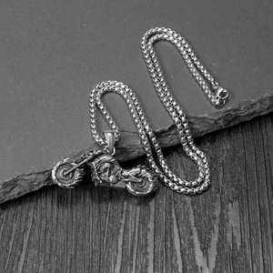 Retro punk style motorcycle pendant necklace with vintage finish and ball chain for men