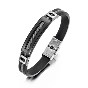 Bracelet tendance en silicone noir et acier inoxydable avec motif maille pour homme