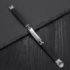 Men's stainless steel and black silicone bracelet with engraved hollow metal plate