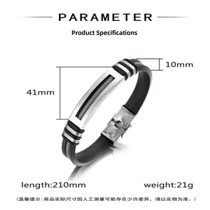 Detail showing silicone bracelet dimensions: 210mm length and 41x10mm steel plate