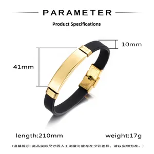 Detail view of adjustable black silicone strap and gold stainless steel bar bracelet