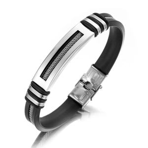 Men's Stainless Steel Silicone Bracelet Industrial Style Hollow Plate With Chain Detail Polished Folding Clasp Sporty Jewelry
