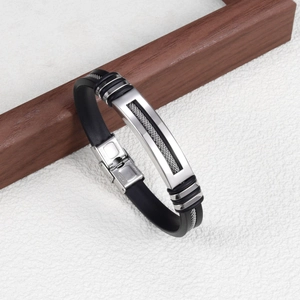 Men's fashion steel and black silicone bracelet with woven mesh decorative plate