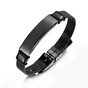 Detailed macro of black mesh watchband style bracelet with smooth curved metal plate