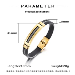 Detail view of 210mm black silicone bracelet with golden stainless steel chain inlay
