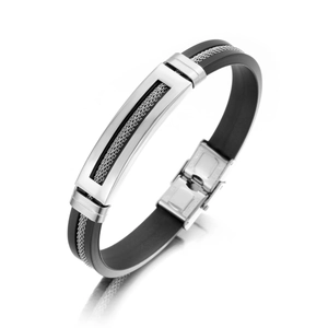 Detail of black silicone bracelet featuring silver snake chain inlay and folding clasp