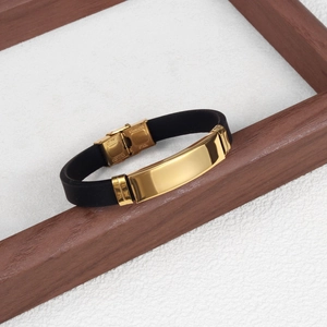 Silicone and gold polished stainless steel bracelet for men with custom blank plate