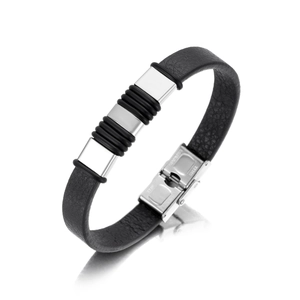 Detail of black leather bracelet with stainless steel accents and secure metal clasp