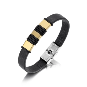 Men's minimalist black leather bracelet with gold stainless steel and silver magnetic clasp