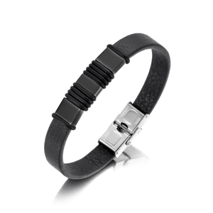 Close-up of black PU leather bracelet with stainless steel buckle and matte metal details