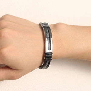 Black silicone bracelet with stainless steel mesh bar for men and women