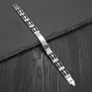 Men's stainless steel and black silicone multilayer bracelet with polished metal plate