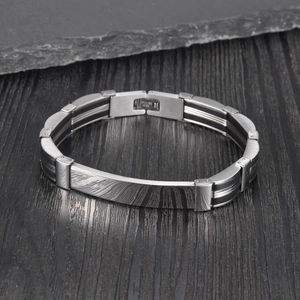 Men's multilayer stainless steel bracelet with black silicone and wood grain inlay