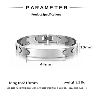 Detailed view of polished stainless steel ID bracelet with specific dimensions and weight