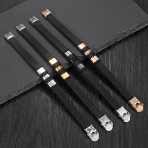 Minimalist stainless steel leather bracelets in silver, gold, black, and rose gold finishes