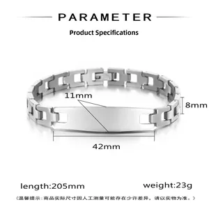 Vue détaillée du bracelet en acier inoxydable avec dimensions et plaque en métal poli