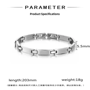 Detail view of 5.5mm silver stainless steel link bracelet with dimensions and parameters