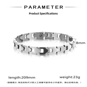 Polished stainless steel chain bracelet detail with dimensions 8mm width and 209mm length