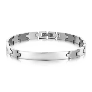 Polished Stainless Steel ID Bracelet For Women Curved Plate Link Chain Geometric Fashion Commuter Jewelry Silver Tone