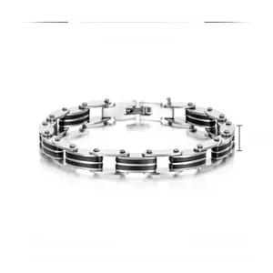 Close-up of 8mm wide black silicone and stainless steel bracelet with size specs