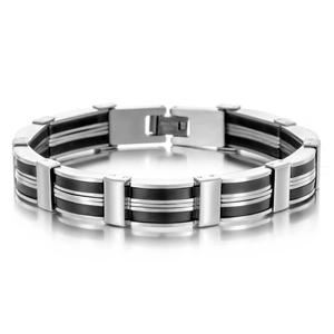 Bracciale da Uomo Moderno Industriale in Acciaio Inossidabile e Silicone Design a Giunzione Nero Argento Geometrico