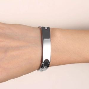 Minimalist silver stainless steel ID bracelet for men and women featuring polished metal bar