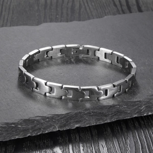 Minimalist stainless steel H-link bracelet with matte silver finish and folding clasp