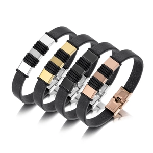 Fashion Men's Stainless Steel PU Leather Bracelet Minimalist Litchi Texture Casual Wristband Jewelry For Couples Gift