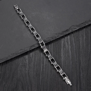 Industrial style stainless steel link bracelet with black silicone inlay for men