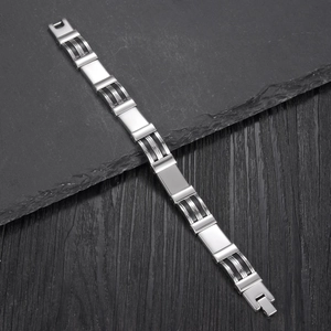Men's stainless steel silicone bracelet with silver metal plate and foldable clasp