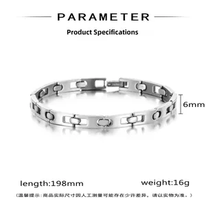 Detail view of 6mm wide minimalist stainless steel chain bracelet with industrial buckle