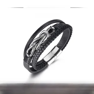 Detail of multi-layer leather bracelet with silver infinity symbol and 210mm length mark