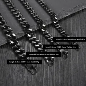 Macro detail of black electroplated stainless steel Cuban chains in various widths