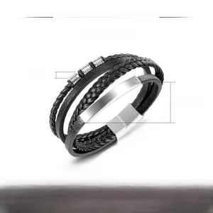 Detail view of multi-layer black braided leather bracelet with 210mm length specs
